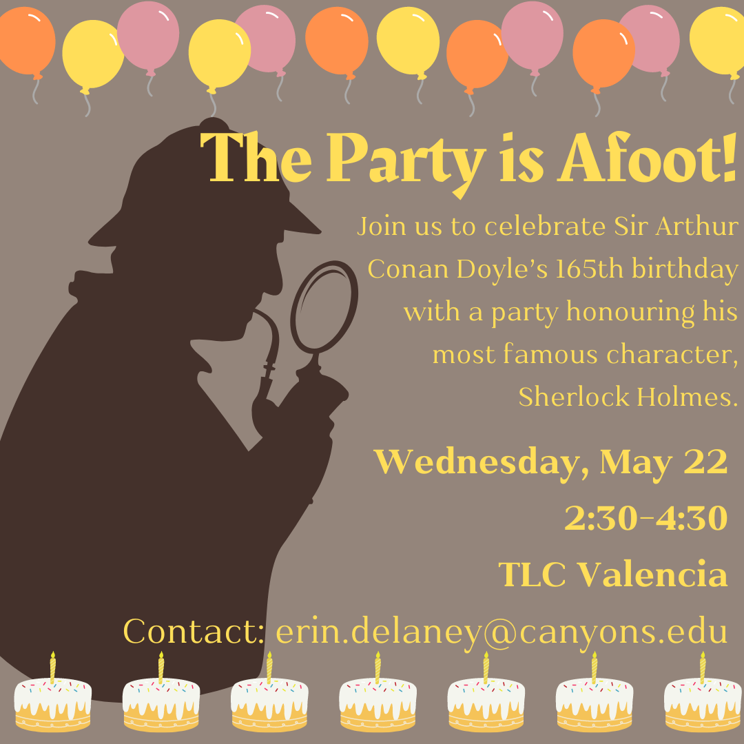 Party invitation with Sherlock Holmes, cake, and balloons