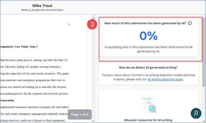 View of Turnitin Feedback Studiothe percentage determined to be generated by AI