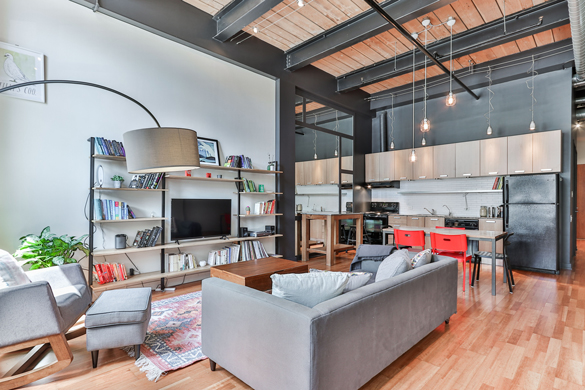 Interior contemporary home, high industrial ceiling.
