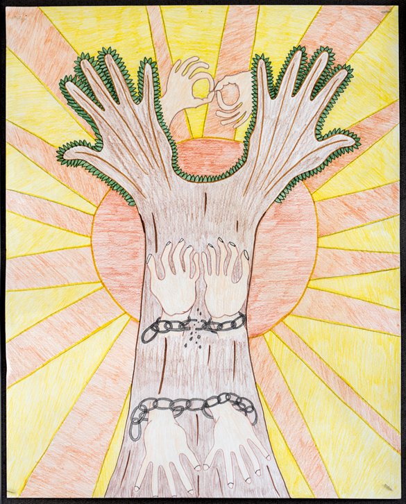 Art piece: Hands breaking chains through learning ASL . 