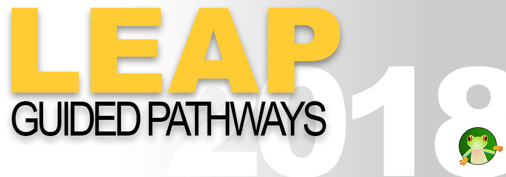 LEAP Guided Pathways logo. LEAP is in bold yellow letters, and Guided Pathways is underneath it in black. In the background is the year 2018, with a cartoon frog peering out of the bottom hole of the number "8"