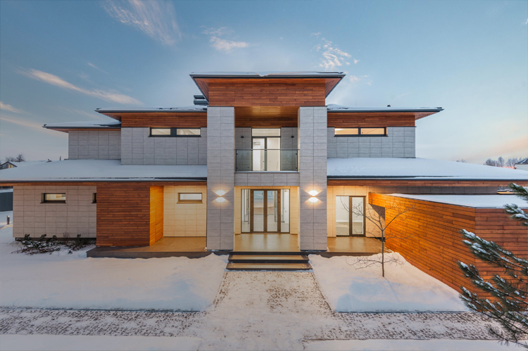 Snowy modern home.