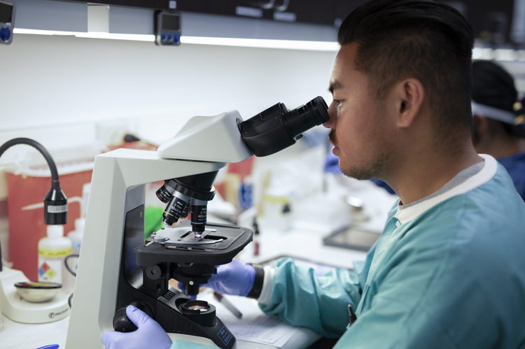MLS Student looking through a microscope.
