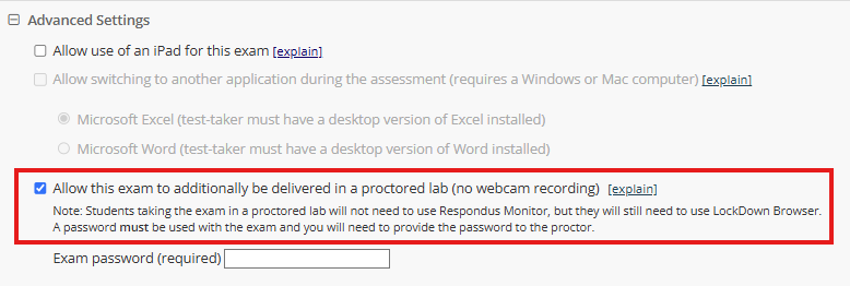 Respondus Lab Setting