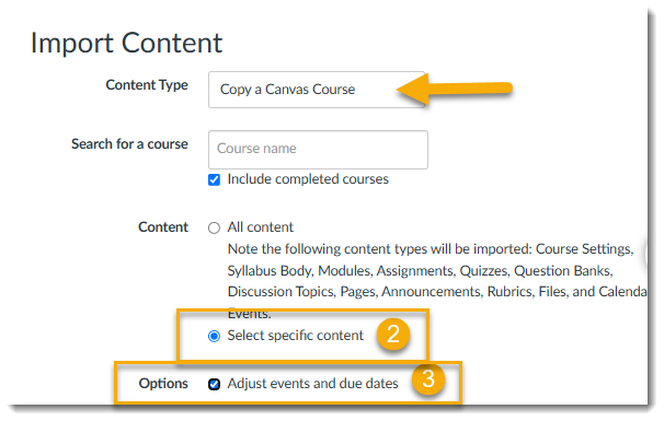 Canvas Settings for importing course content and selecting specific content.