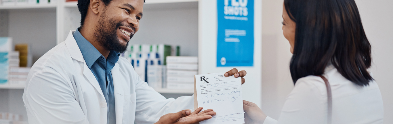 Pharmacy, counter and pharmacist with medicine for customer for wellness, drugs and medical prescription. 