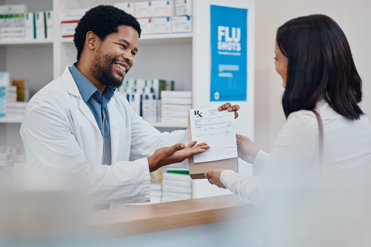 Pharmacy, counter and pharmacist with medicine for customer for wellness, drugs and medical prescription. 