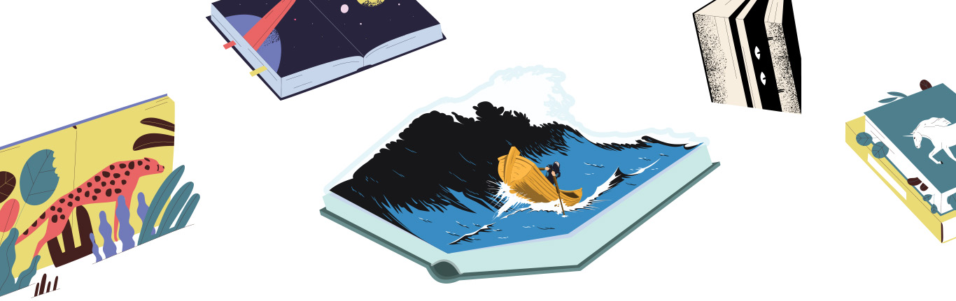 Colorful vector illustration of books in a modern flat cartoon style.