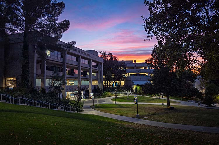 Bonelli Hall and the Honor Grove at sunset