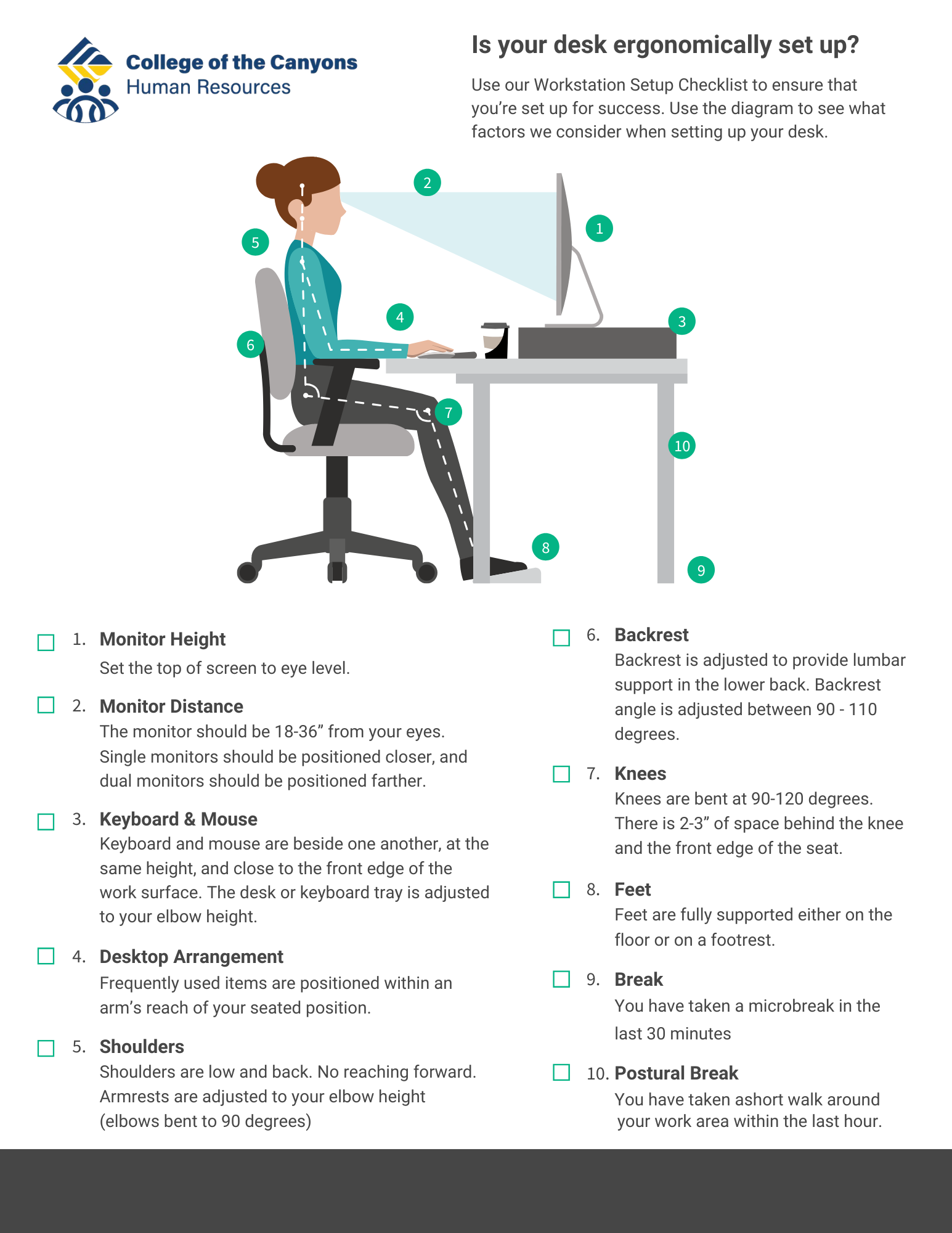 Illustration of a person sitting at a desk with ergonomic tips for a proper workstation setup, highlighting various factors such as monitor height, keyboard position, and seating posture.
