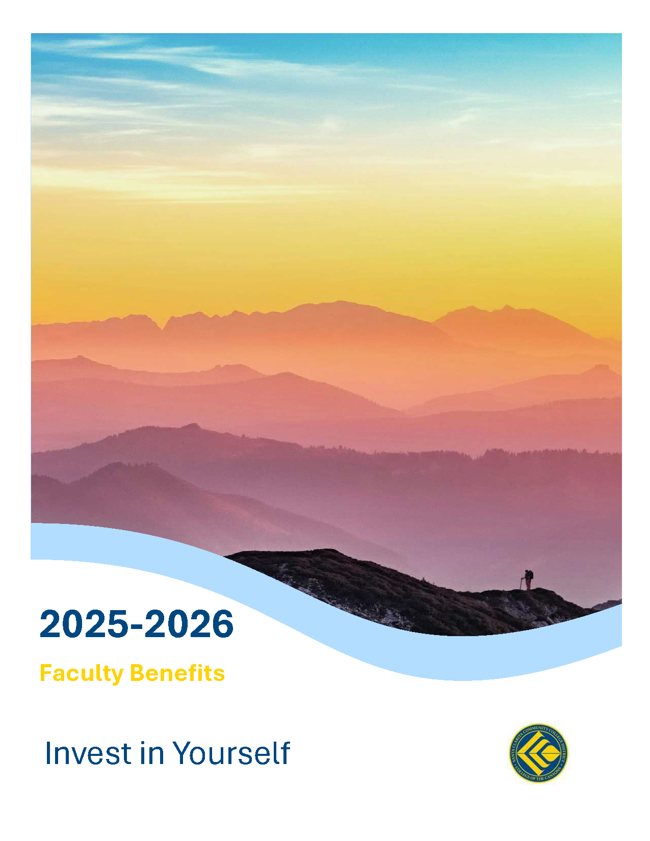 A scenic landscape illustration with mountains at sunset, featuring a hiker in the foreground. The text indicates "2025-2026 Faculty Benefits" and encourages readers to "Invest in Yourself."