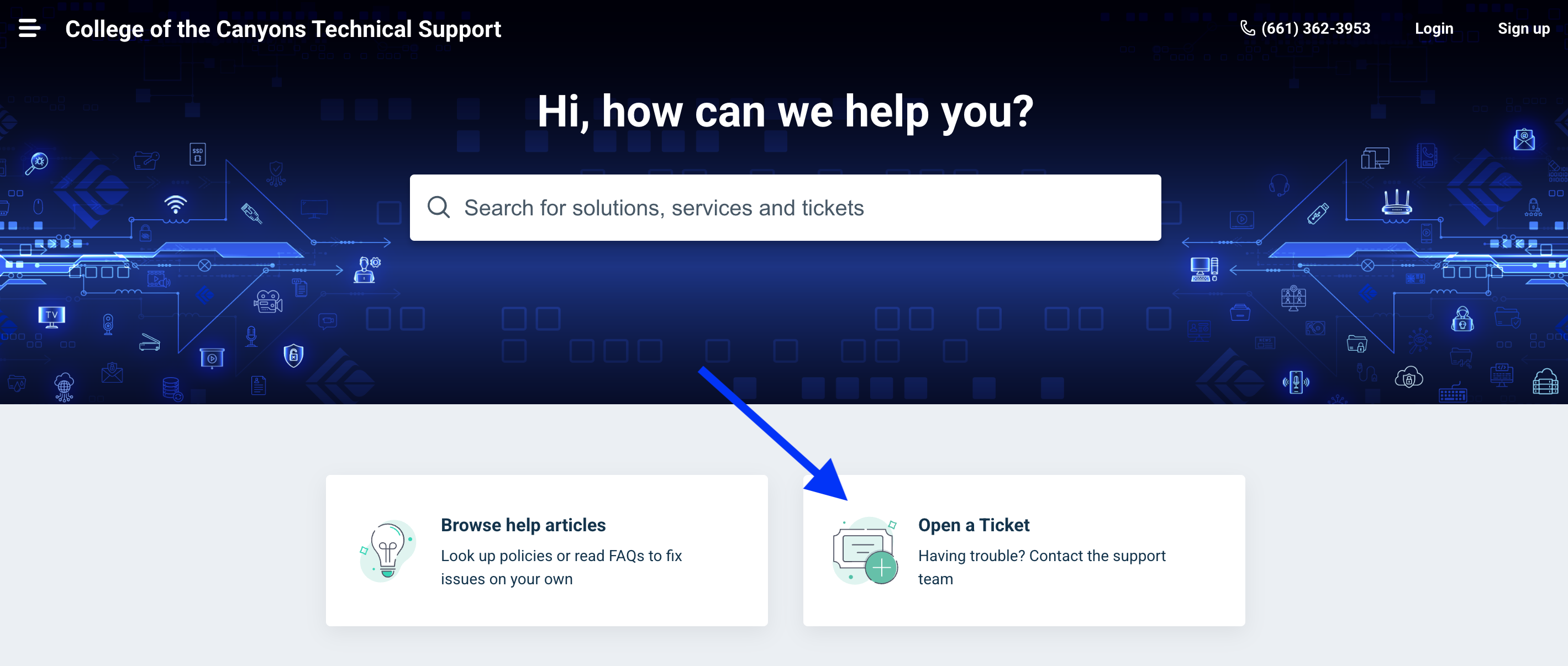Image of the Helpdesk.canyons.edu website.