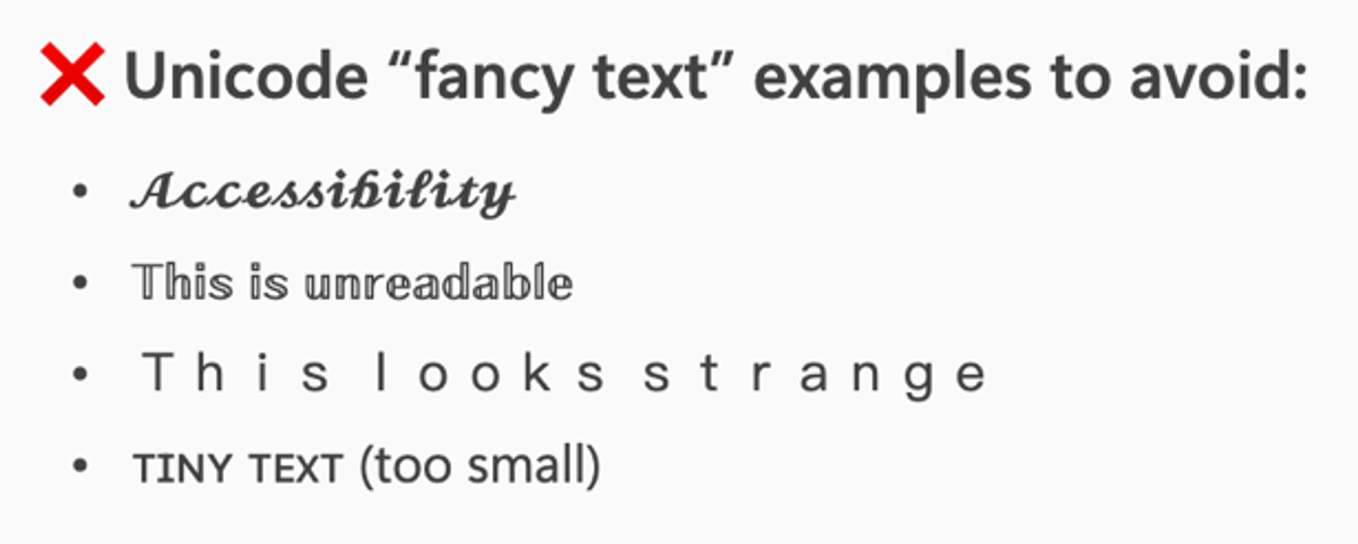 Four examples of unicoded "fancy text" that is not recognized by screen readers in captions on social media.