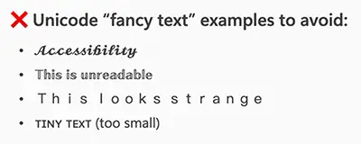 Four examples of unicoded "fancy text" that is not recognized by screen readers in captions on social media.