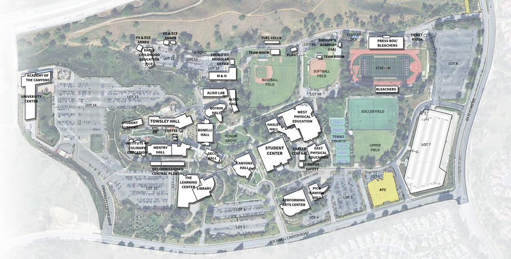 Overhead Valencia campus site map showing labeled buildings, parking lots, and athletic facilities including a stadium, baseball and softball fields, soccer field, and tennis courts.