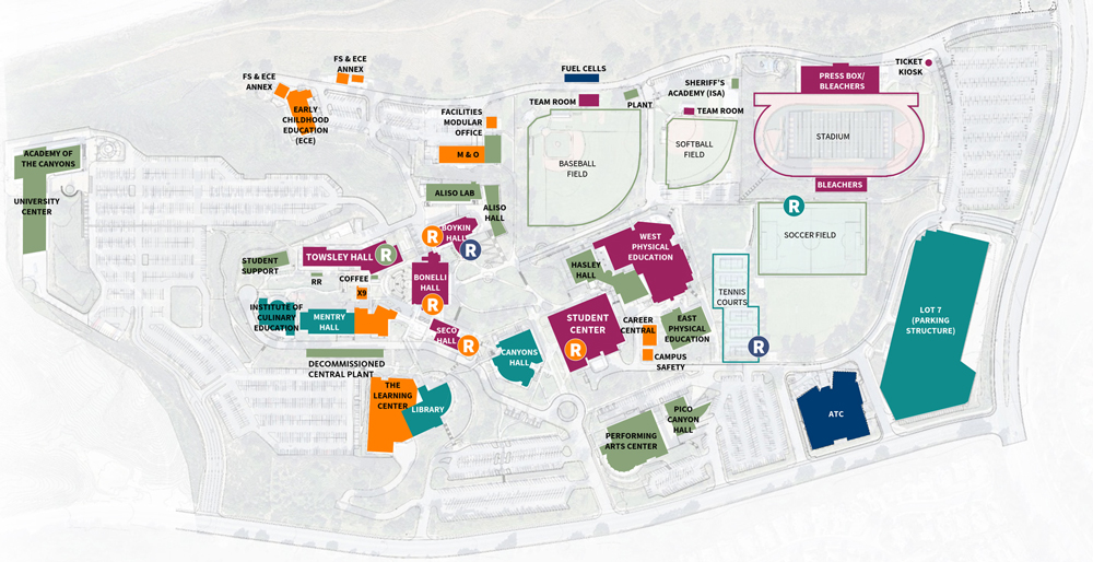 Color-coded Valencia campus map showing building locations and athletic facilities, including a stadium, soccer field, baseball and softball fields, and parking structure Lot 7.