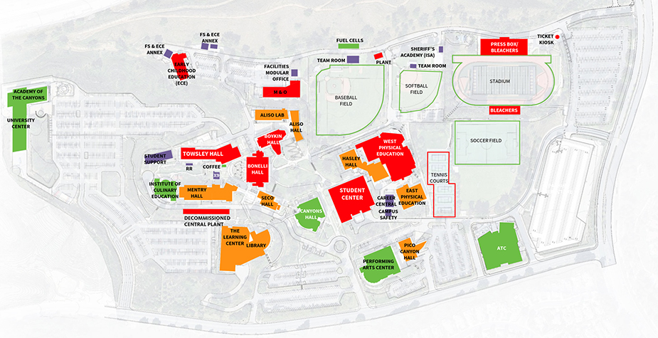 Color-coded Valencia campus map showing labeled buildings and athletic facilities, including a stadium, soccer and softball fields, baseball field, tennis courts, and student center.