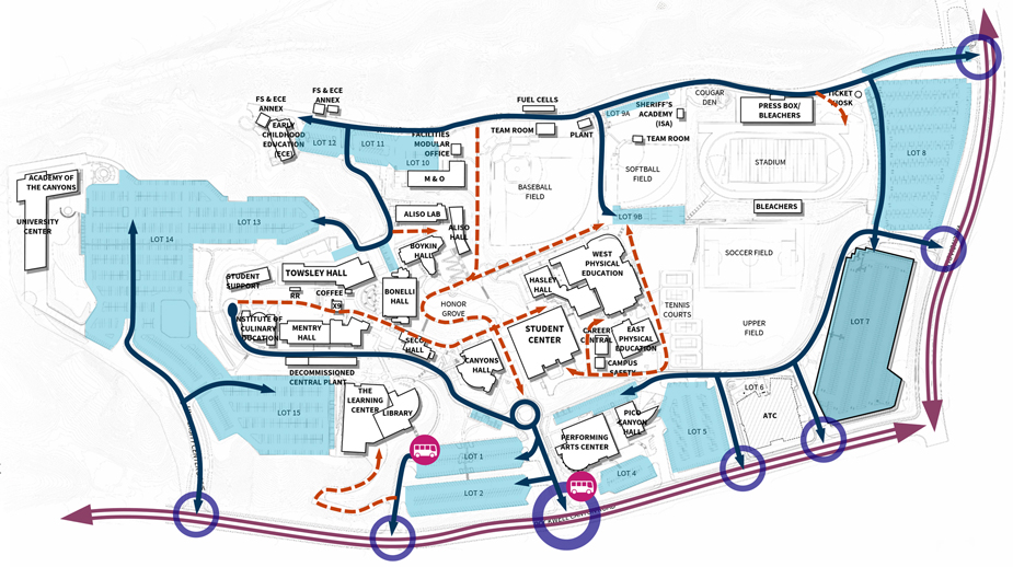 Valencia campus map showing buildings, athletic fields, and parking lots with highlighted routes and drop-off points, including the stadium, student center, library, and performing arts center.