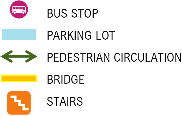 Map legend listing symbols for bus stop, main road, main entrance, secondary entrance, vehicular circulation, emergency access, and parking lot.