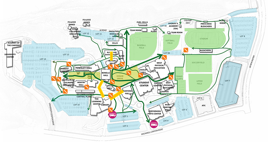 Valencia campus map showing buildings, parking lots, and athletic fields, with green routes and shuttle stop icons connecting key facilities.
