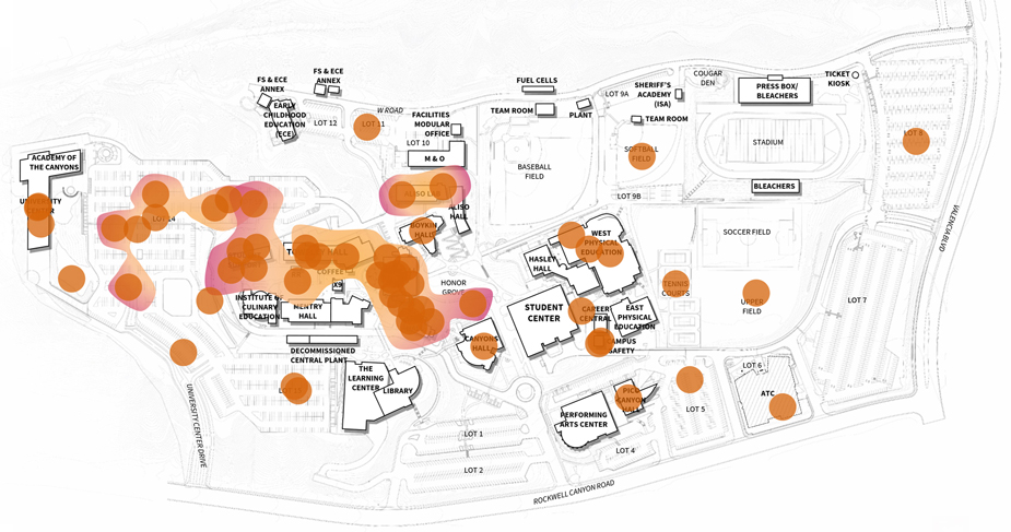 Valencia campus map with numerous orange and red translucent circles marking locations across buildings, parking lots, and athletic fields.
