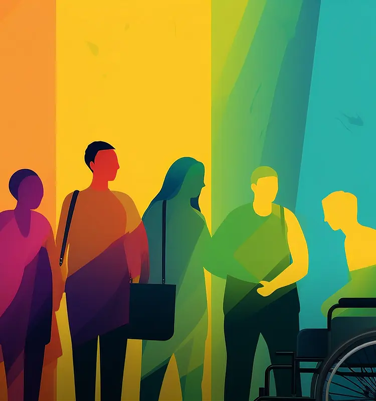 Colorful illustration depicting diverse group of people.