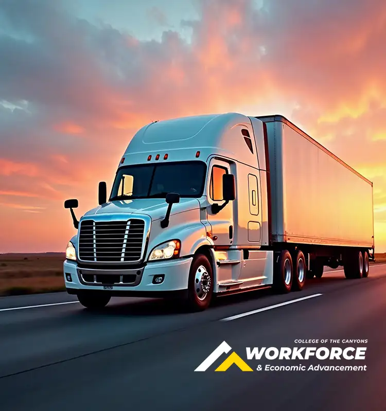 An 18-wheeler travels along a road at sunset. Image includes logo for Workforce and Economic Advancement.
