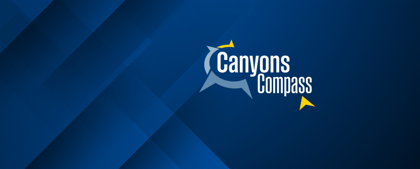 Canyons Compass logo on an abstract blue background.