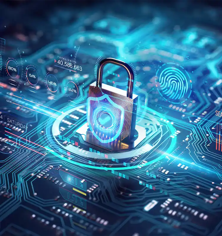 Locked padlock with abstract technology background.