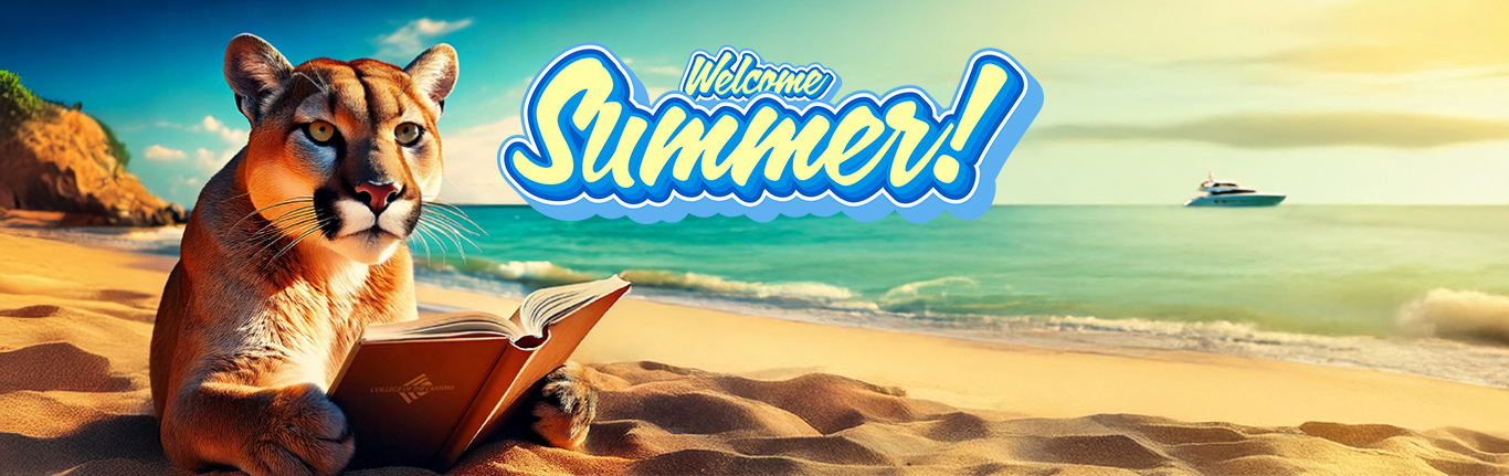 A Cougar relaxes on a sandy beach with a book, with the ocean in the background.
