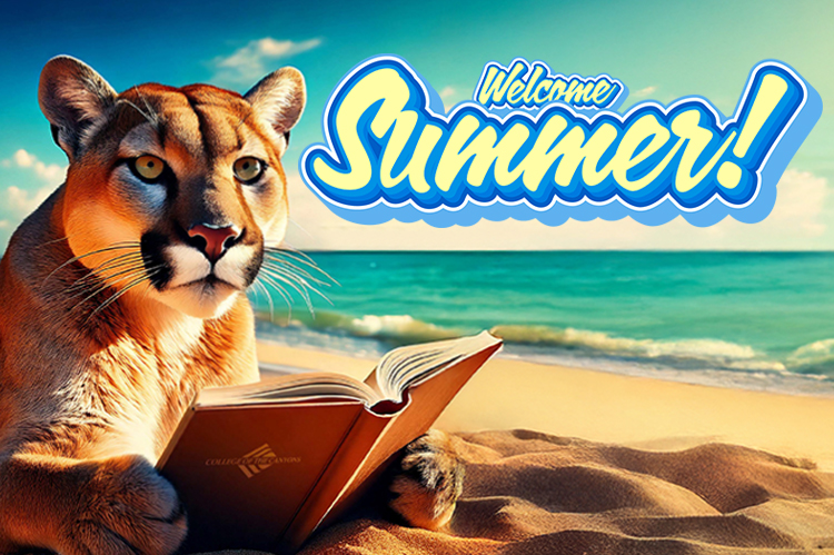 A Cougar relaxes on a sandy beach with a book, with the ocean in the background.