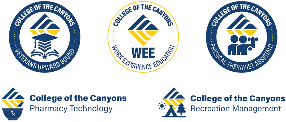 Set of College of the Canyons program logos and wordmarks, including Veterans Upward Bound, Work Experience Education (WEE), Physical Therapist Assistant, Pharmacy Technology, and Recreation and Sport