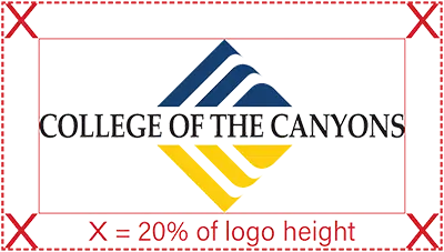 College of the Canyons logo with a stylized blue and yellow geometric emblem above the school name on a red background, showing spacing guides and a note reading “20% of logo height.”.