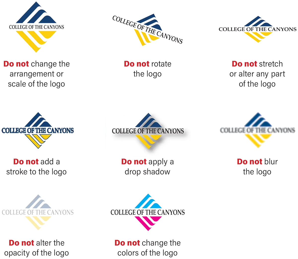 Graphic showing incorrect uses of the College of the Canyons logo, including scaling or rearranging, rotating, stretching, adding a stroke or drop shadow, blurring, changing opacity, and altering the