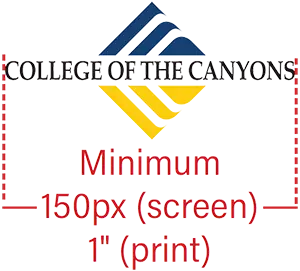 College of the Canyons logo with guides for a minimum print size of 1 inch and minimum screen size of 150 pixels.