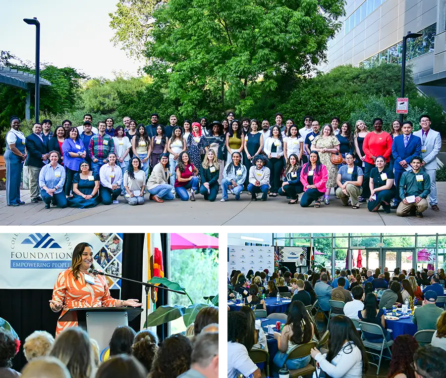 Collage showing a large group photo outdoors in front of trees and a building, plus two indoor scenes of a speaker at a podium and an audience seated at round tables during an event.