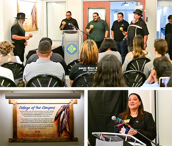 An audience watches several people holding maracas at a college event recognizing the ancestral people whose land our campuses occupy; below, a framed land acknowledgment plaque and a Superintendent-President Dr. Jasmine Ruys speaking at a podium.