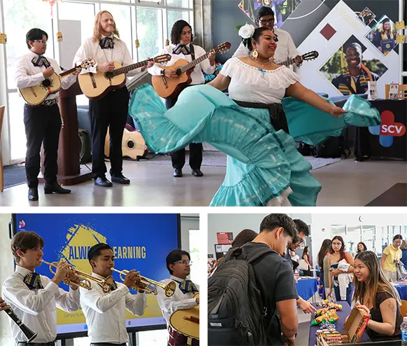Collage of three photos from a Hispanic Heritage Month Mercado event: a dancer in a flowing turquoise dress performs with musicians behind her, and smaller photos of a trumpet ensemble and a student booth.