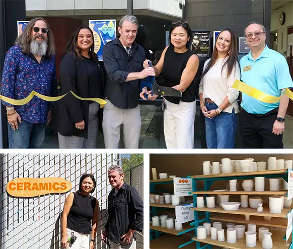 Collage of three photos showing six people at a ribbon-cutting event for the Ceramics Program, a ceramics studio entrance sign, and shelves of unfinished pottery.