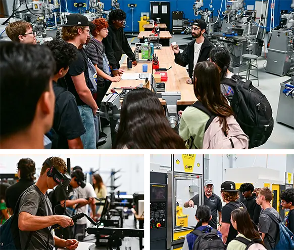 Students participating in Manufacturing Day gather around an instructor for a hands-on lesson at the Interim Advanced Technology Center, shown in a three-photo collage with close-ups of machining work and a tour of industrial equipment.