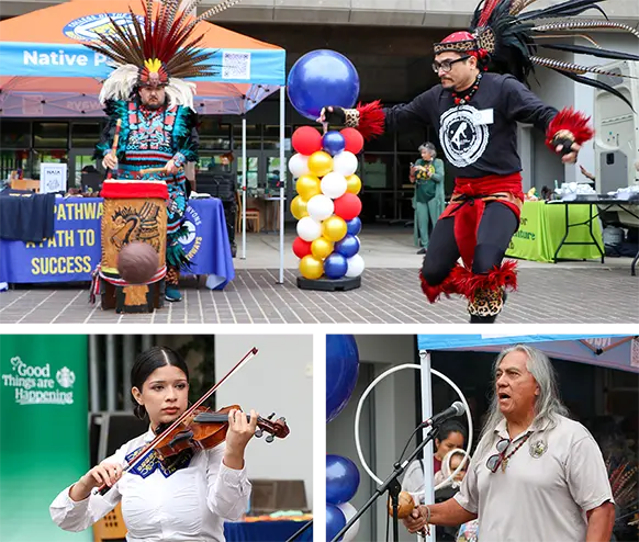 Collage of three photos from an Indigenous Peoples Day event showing two dancers in feathered regalia, a young violinist playing, and an older man speaking into a microphone.