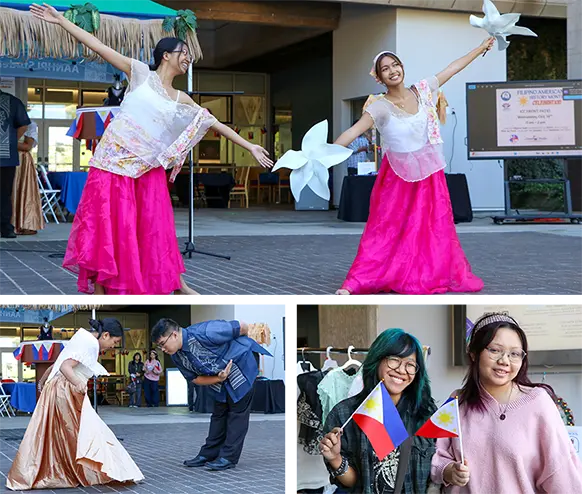 Collage of three photos from a Filipino American History Month celebration that shows two women in traditional dress dancing with white dove props, a bowing exchange, and two people holding small Philippine flags.