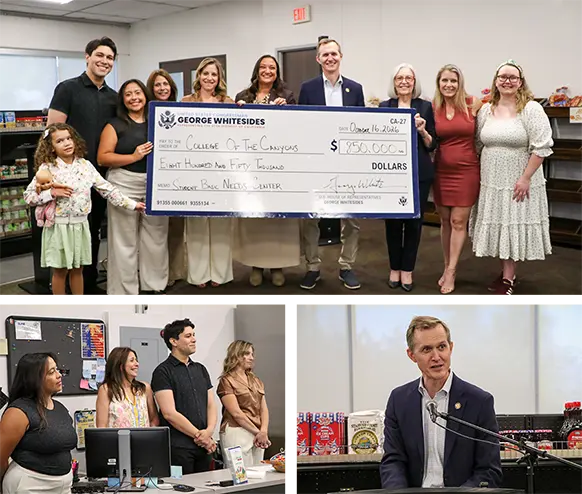 A collage of three photos that includes a group of people at the Basic Needs Center (BaNC) holding an oversized $850,000 check from U.S. Rep. George Whitesides, Whitesides speaking at a podium, and attendees listening.