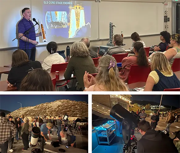 Collage of three photos that includes guest speaker Dave Margrave and groups of people using telescopes outdoors at night during the Star Party & Science Showcase at the Canyon Country campus on Friday, Oct. 16.