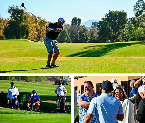 Collage of three photos that includes a golfer teeing off on a sunny course, golfers lining up a putt, and people chatting at the College of the Canyons Foundation's "Swing for Student Success Golf Tournament" on Monday, Oct. 19.