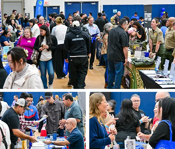 Crowds of job seekers attend the Santa Clarita Job Fair in this collage of three photos that includes information tables and exhibitors in the College of the Canyons gymnasium.