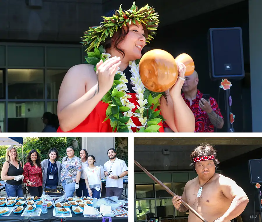Collage from the AANHPI cultural event, featuring a woman in a leaf lei and head wreath playing a gourd rattle, a group posing behind a food table, and a performer holding a long spear.