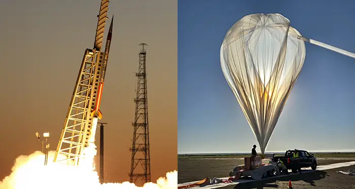 Side-by-side photo showing a rocket launching at dusk and a large high-altitude balloon being inflated on a flat test site near parked vehicles.