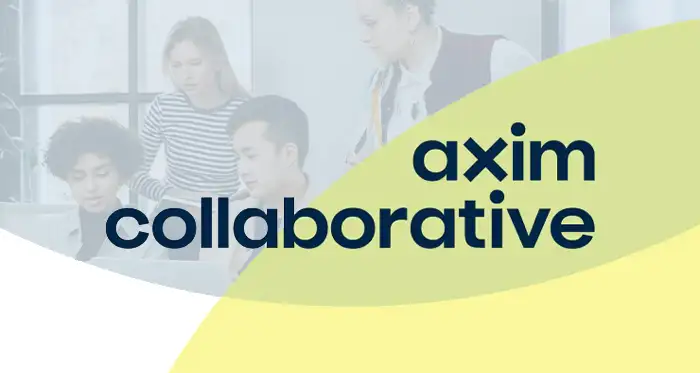 Axim Collaborative branding overlay of a group of students working on a project together.