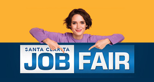 Composite illustration of woman pointing to sign reading "Santa Clarita Job Fair."